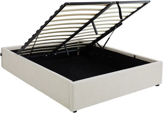 Lit Coffre Adulte 140x190 cm en Tissu Bouclé Beige avec Sommier Intégré - Modèle Handy