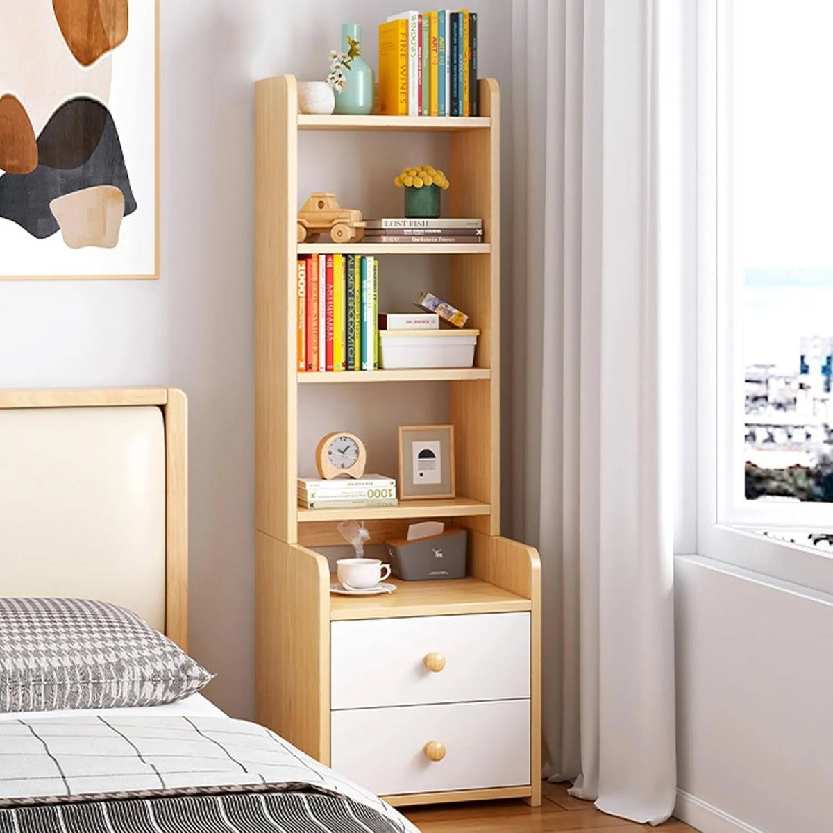 Table de Nuit Moderne avec Rangement, Design Minimaliste en Blanc et Bois, Hauteur 128 cm