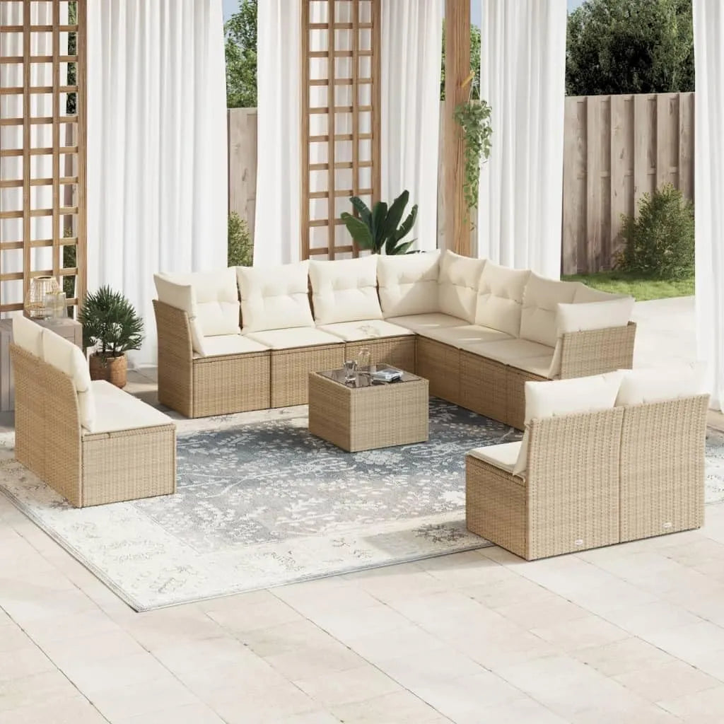 Ensemble de Salon de Jardin 12 pièces en Résine Tressée Beige avec Coussins