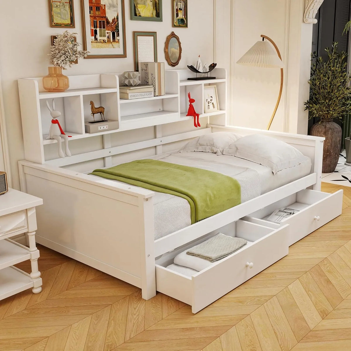 Lit d'enfant 90x200 cm avec rangements et étagères, en bois massif blanc