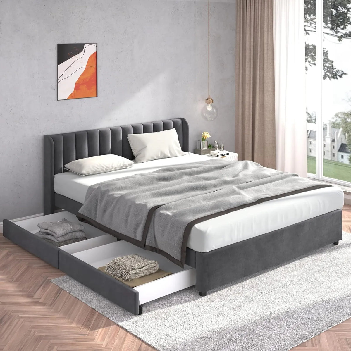 Lit Double en Velours Gris 180x200 cm avec Tiroirs et Sommier à Lattes, Design Contemporain