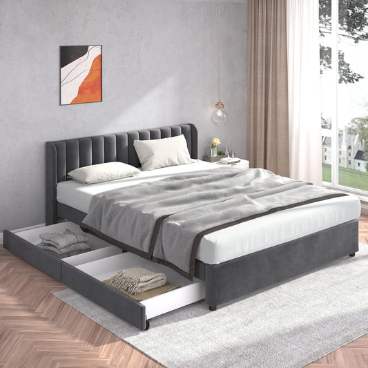 Lit Double en Velours Gris 180x200 cm avec Tiroirs et Sommier à Lattes, Design Contemporain