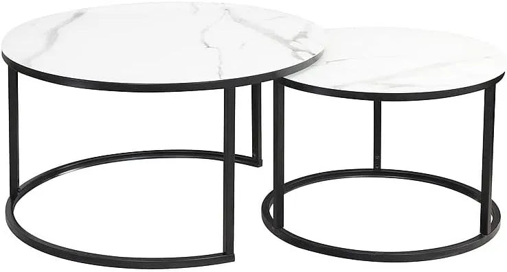 Ensemble de 2 tables basses gigognes en métal et verre effet marbre - Blanc/Noir - Diamètre 80 x Hauteur 45 cm