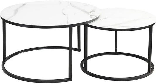 Ensemble de 2 tables basses gigognes en métal et verre effet marbre - Blanc/Noir - Diamètre 80 x Hauteur 45 cm