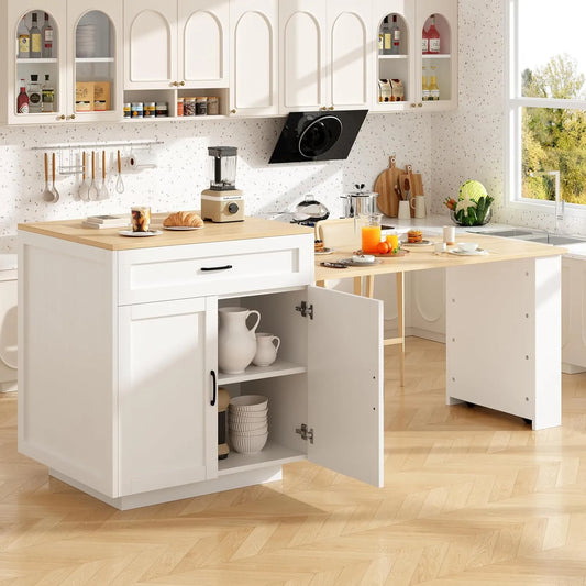 Table de bar extensible Merax avec rangement intégré, îlot de cuisine avec tiroirs et étagères
