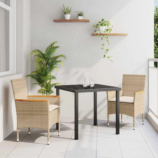 Mobilier de jardin 3 pièces en rotin beige avec coussins, résistant aux intempéries