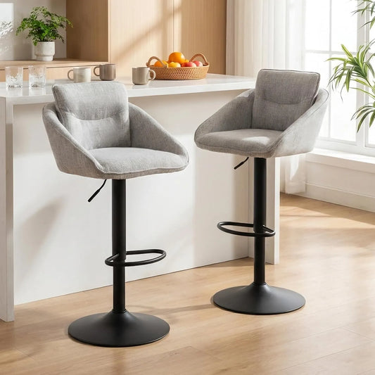 Lot de 2 Tabourets de Bar Réglables en Lin avec Repose-Pieds, Cuisine Moderne, Gris