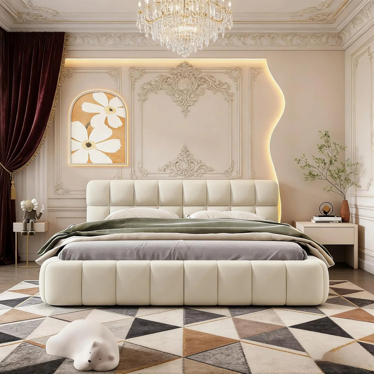 Lit Double 140x190 cm avec Sommier et Tête Rembourrée, Structure en Lin Beige