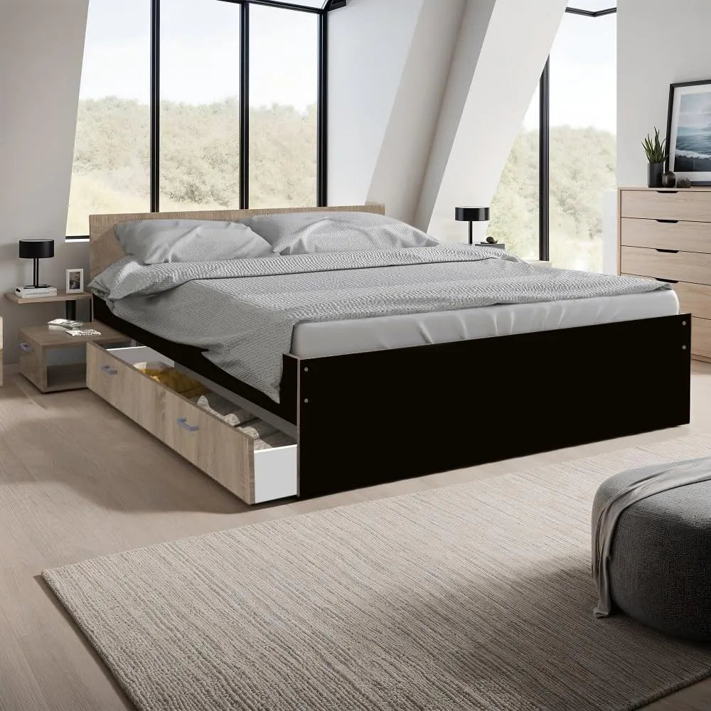 Lit Double 140x190 avec Chevet et Tiroir, Noir et Chêne Clair