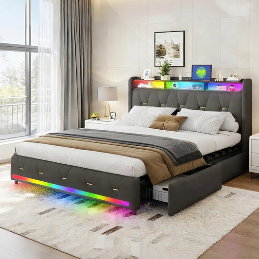 Lit Double Gris Capitonné 160x200 cm avec Tiroirs, Lumière LED, Rangement dans la Tête de Lit, Chargeur USB/Type-C, Lattes en Bois, Tissu Lin