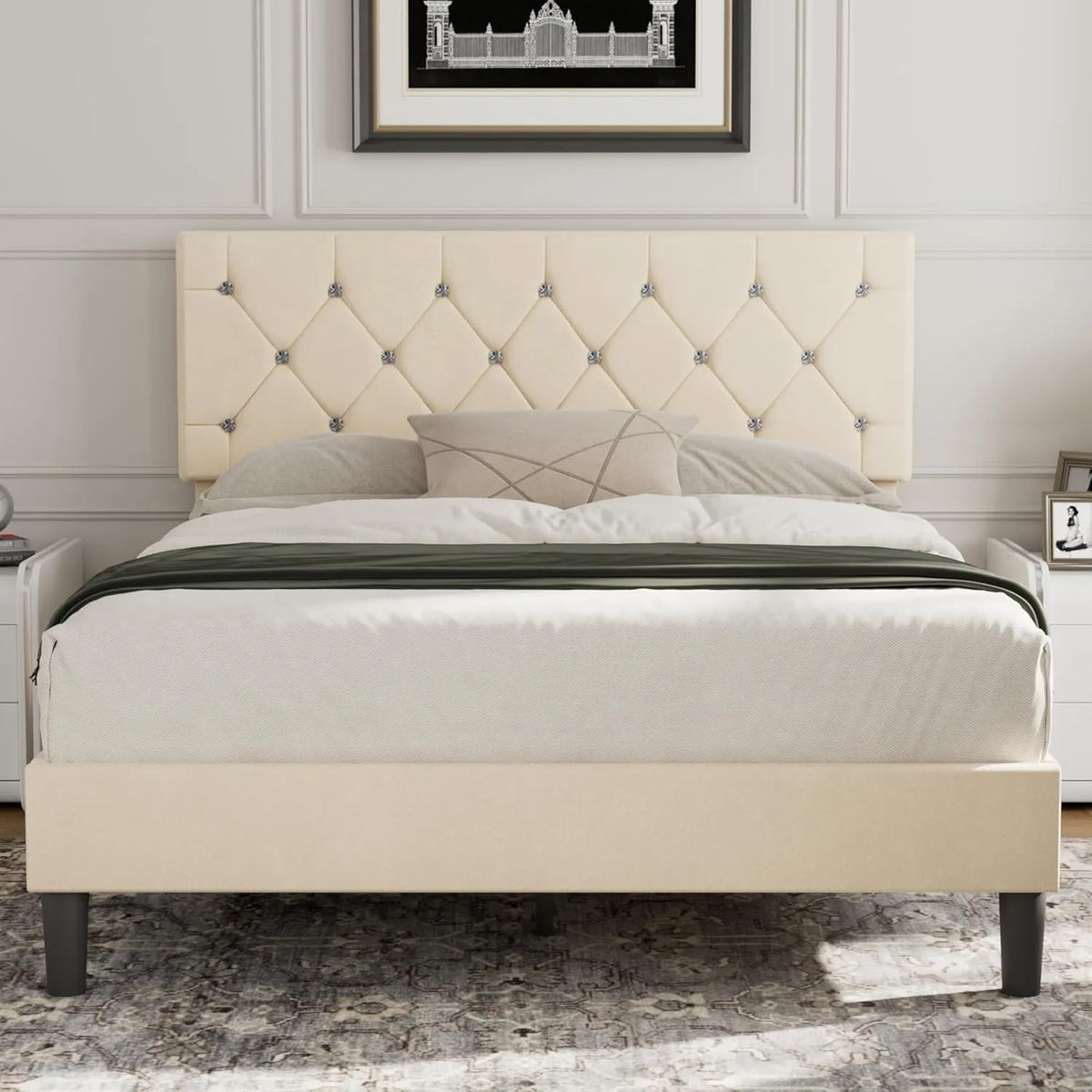 Lit Double 140x190 cm en Velours Beige, Tête Réglable et Lattes en Bois, Assemblage Facile et Silencieux