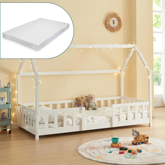 Maison-Lit Enfant en Bois avec Matelas Hypoallergénique 90x200 cm