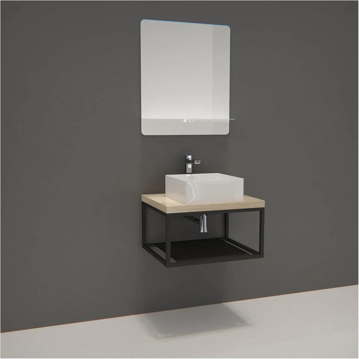 Ensemble Meuble de Salle de Bain Will - Bois et Métal avec Vasque et Miroir, 60 cm