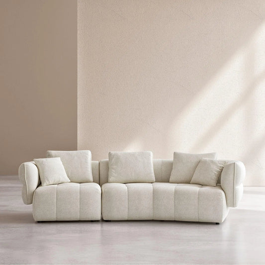 Grand Canapé d'Angle 5 Places en Tissu avec Plumes - Blanc Brillant