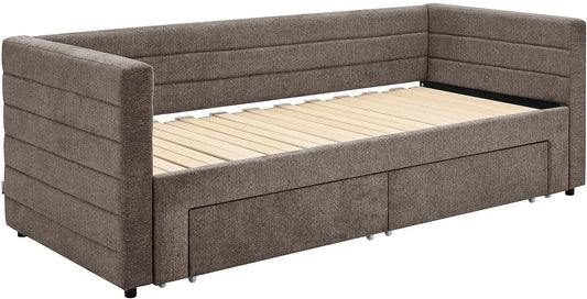 Lit gigogne CAMITY en tissu taupe avec sommier et tiroirs 80x200 cm