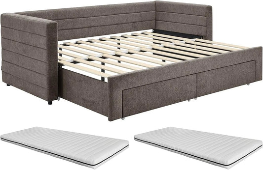 Lit gigogne 80x200 cm avec tiroirs et matelas CAMITY - Tissu texturé Taupe