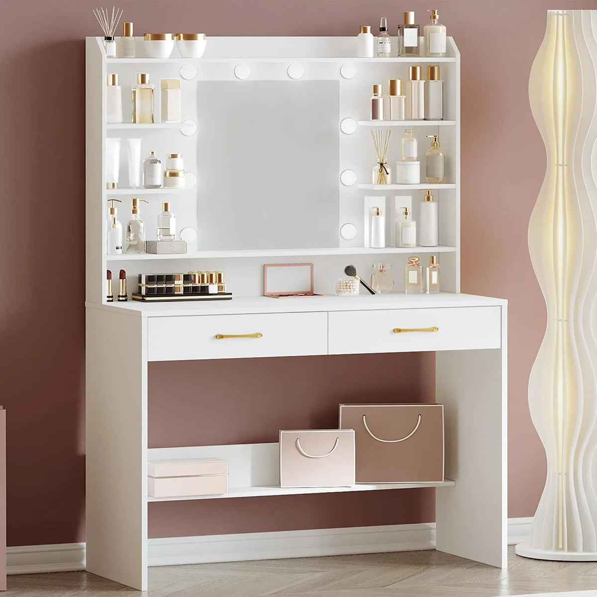 Coiffeuse Moderne avec Miroir LED Réglable et Rangement, Table de Maquillage avec Étagères et Tiroirs, Pour Chambre et Salon, Blanc 40 x 100 x 149 cm