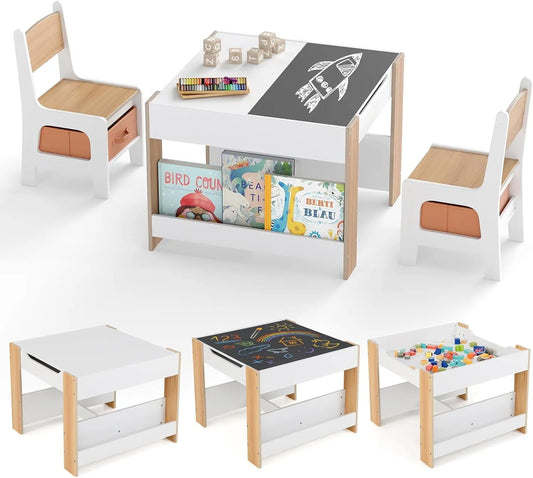 Ensemble Table et Chaises Enfant 3-6 Ans avec Tableau Amovible, Rangement et Étagères