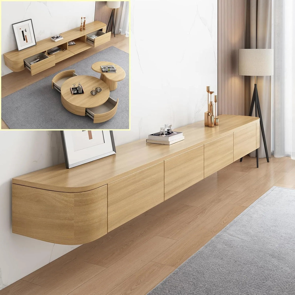 Meuble TV flottant en bois massif, tailles multiples, style moderne
