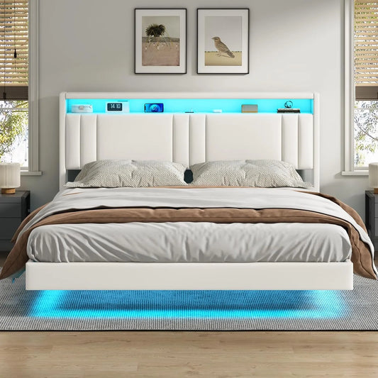 Lit Double Flottant 160x200 cm avec LED Réglable, Multiprise et Rangement Ouvert, Cadre avec Sommier à Lattes, Revêtement PU Blanc