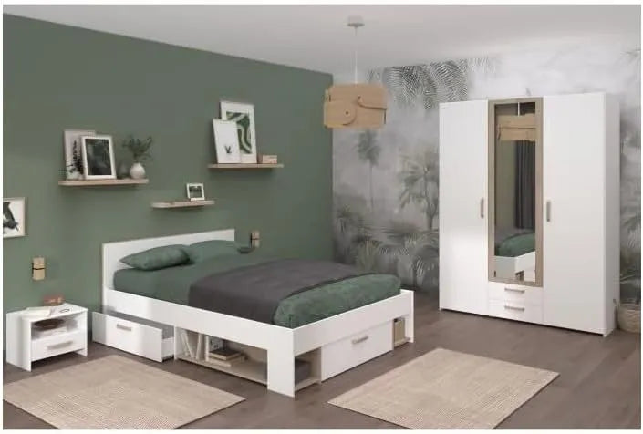 Ensemble de Chambre à Coucher Adulte - DREAM - Lit Double 140x190/200 cm avec Chevets et Armoire - Finition Blanc et Chêne