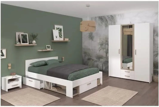 Ensemble de Chambre à Coucher Adulte - DREAM - Lit Double 140x190/200 cm avec Chevets et Armoire - Finition Blanc et Chêne