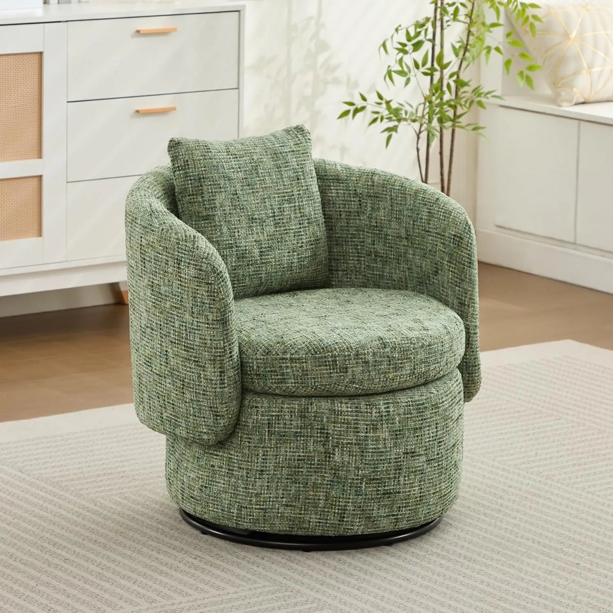 Fauteuil Relax Pivotant en Chenille Verte avec Coussin, Idéal pour Salon et Bureau, Dimensions : 72x66.5x76 cm