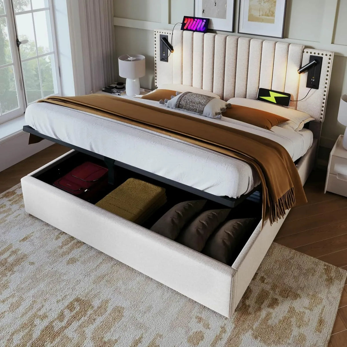 Lit Double 160x200 cm avec Espace de Rangement, Éclairage Intégré et Ports USB, Tête de Lit Rivetée, Beige