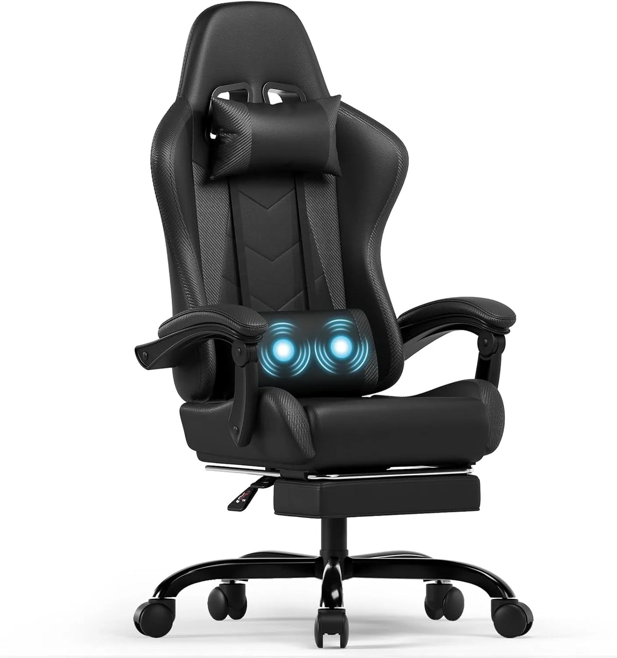 Chaise Gaming Ergonomique avec Massage Lombaire et Repose-Pieds, inclinable 135°, Similicuir Noir