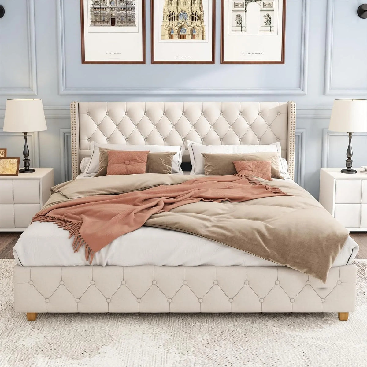 Cadre de Lit Double 140x190 Beige avec Sommier, Tête de Lit Capitonnée, Pieds en Bois