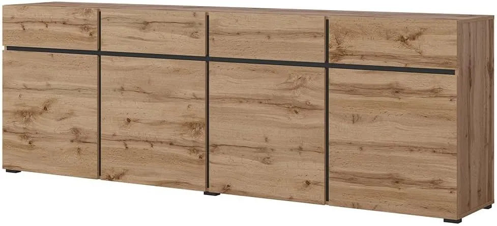 Buffet contemporain Havana en chêne et noir, 225 cm, avec 4 portes et tiroirs