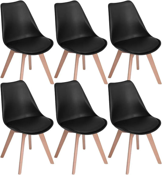 Ensemble de 6 chaises scandinaves noires avec pieds en bois et coussin confortable