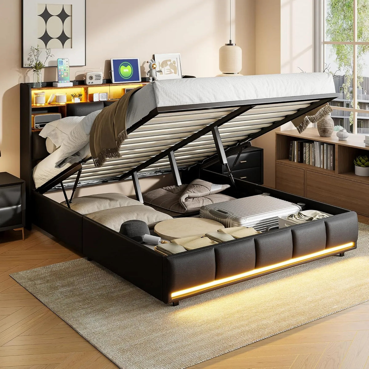 Lit Double 160x200 cm avec LED et USB, Rangement et Tête rembourrée en Velours Noir