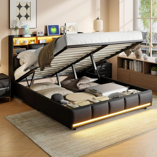Lit Double 160x200 cm avec LED et USB, Rangement et Tête rembourrée en Velours Noir