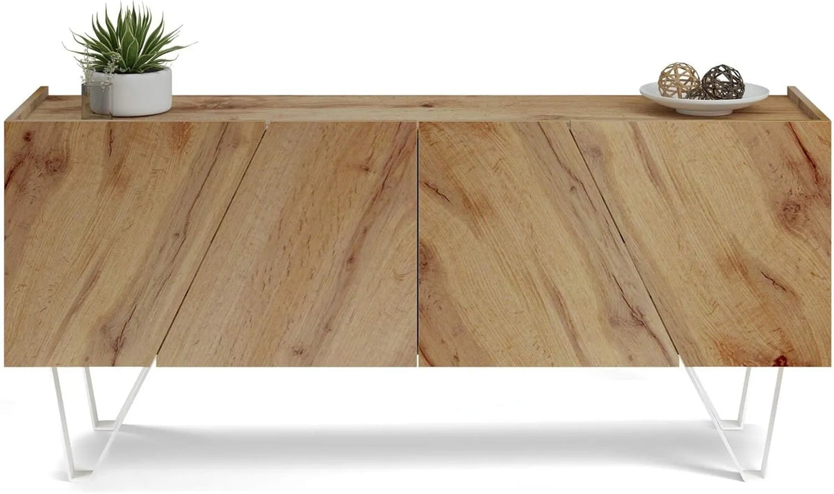 Buffet Emma 4 Portes en Bois Rustique avec Pieds Blancs, 168x45x76.6 cm, Fabriqué en Italie