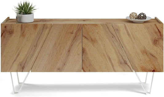 Buffet Emma 4 Portes en Bois Rustique avec Pieds Blancs, 168x45x76.6 cm, Fabriqué en Italie