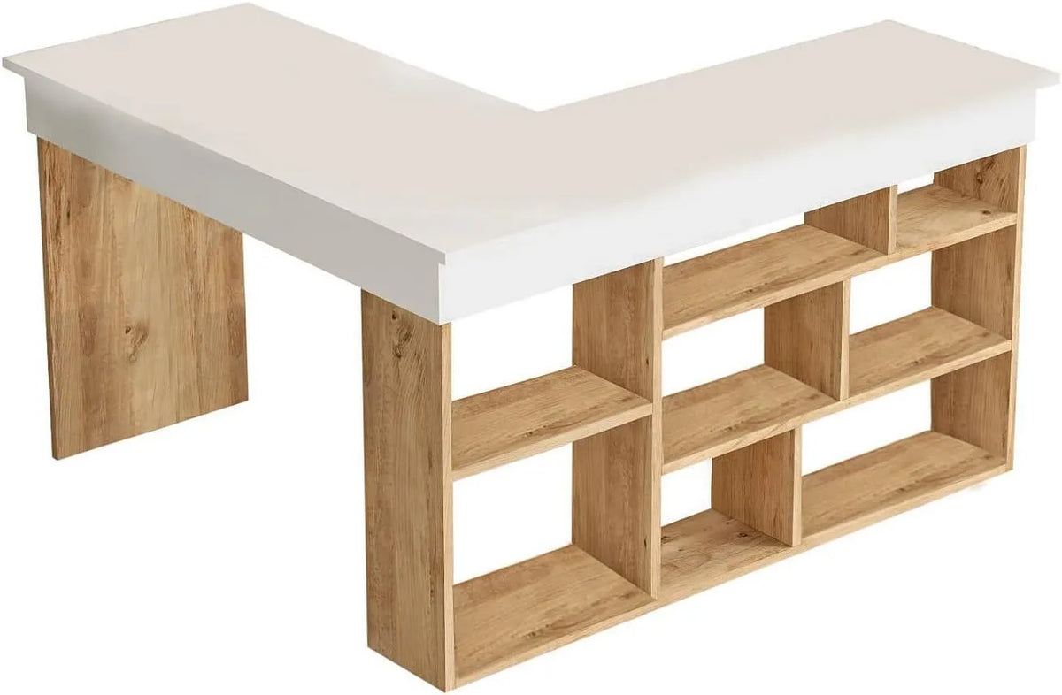 Bureau d'angle multifonctionnel avec rangements - Blanc et Bois Naturel