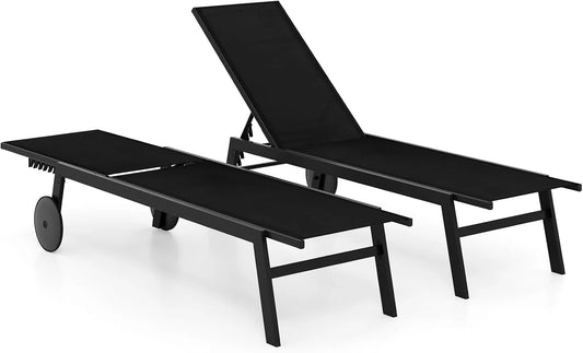 Chaise Longue de Jardin Réglable avec Roulettes, Transat en Métal pour Extérieur, Supporte 150 kg, Couleur Noire (Lot de 2)