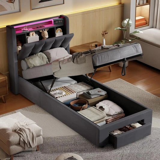 Lit Simplicité 90x200 cm avec Tiroirs et LED - Cadre Rempli en Velours Gris Foncé avec Port USB et Rangement