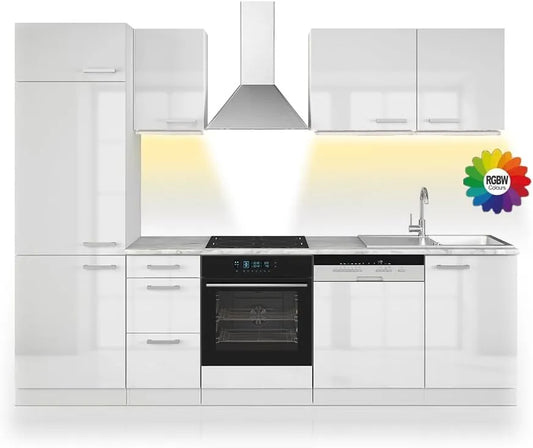 Ensemble de Cuisine Vicco Optima 270cm, Blanc, Éclairage LED Inclus