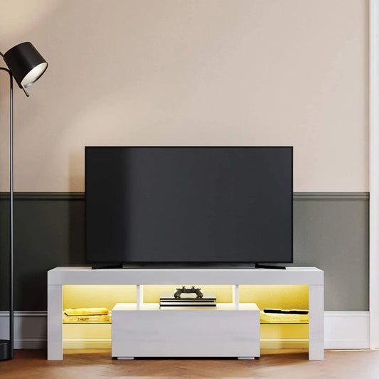 Meuble TV Blanc avec Éclairage LED RVB, 130x35x45cm, Capacité de Charge 30 kg