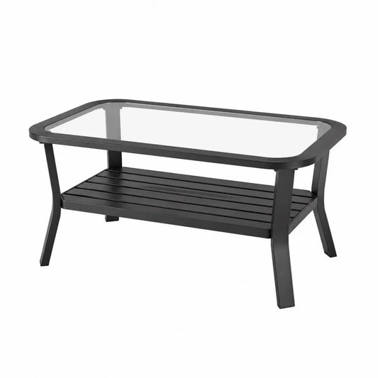 Table basse de jardin rectangulaire 110 cm x 60 cm x 45 cm en acier thermolaqué noir avec plateau en verre trempé transparent et étagère inférieure