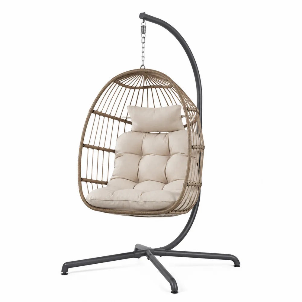 Fauteuil suspendu œuf 105 x 95 x 200 cm en acier thermolaqué noir résine tressée PE coussins beige et taupe