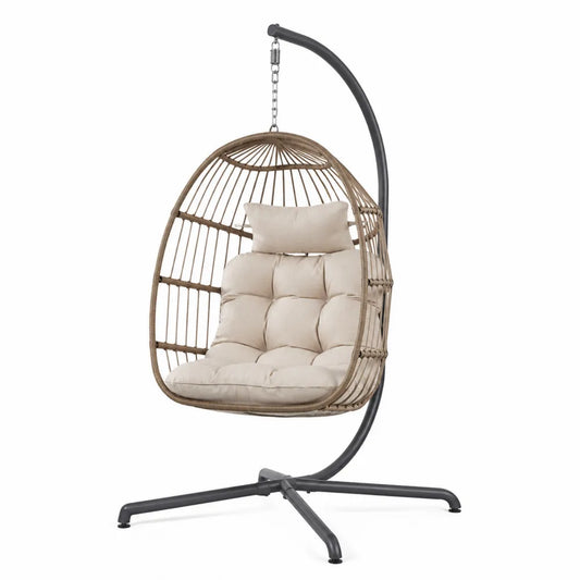 Fauteuil suspendu œuf 105 x 95 x 200 cm en acier thermolaqué noir résine tressée PE coussins beige et taupe