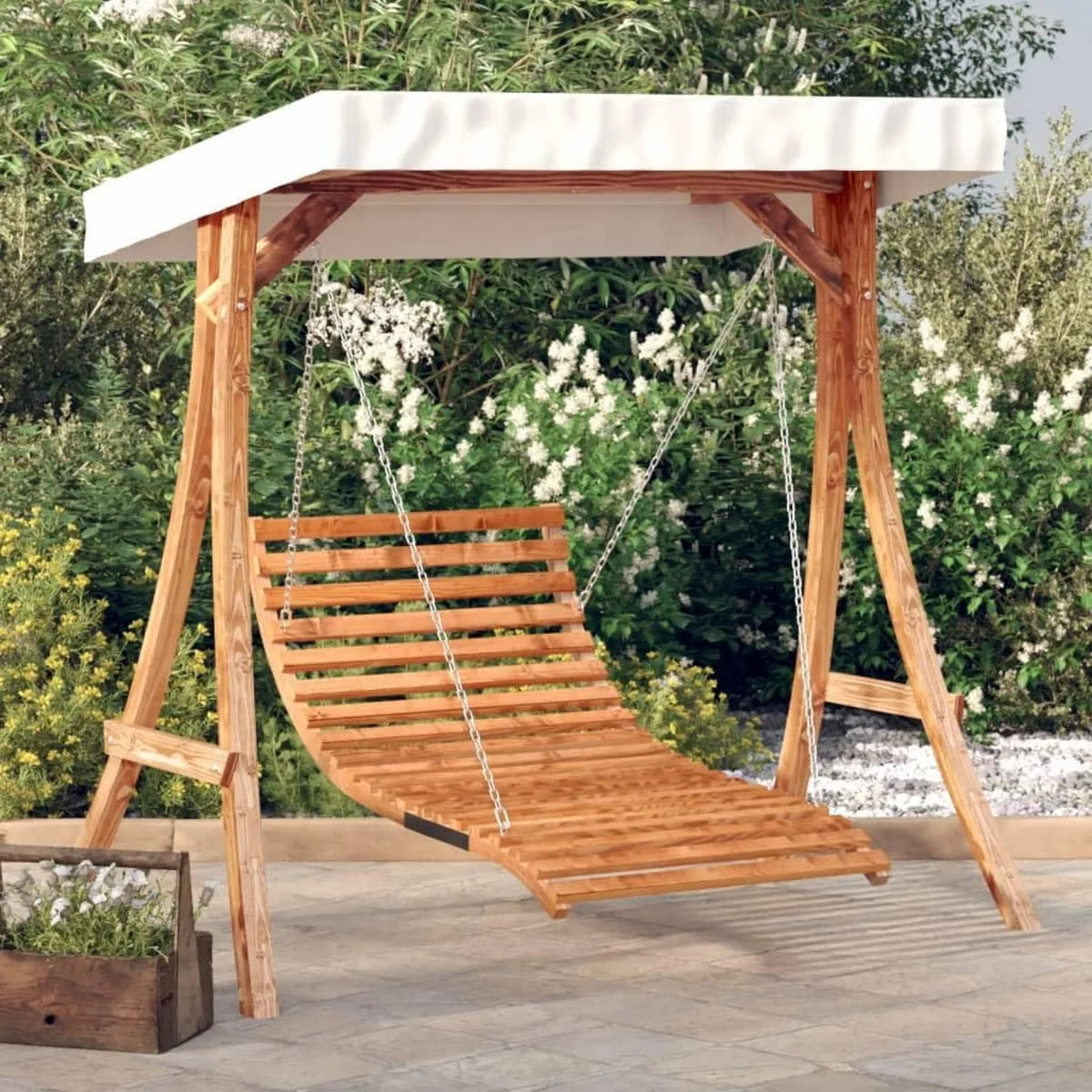 Balancelle en Épicéa Massif avec Auvent Crème, Finition Teck - Confort Extérieur Jardin et Patio
