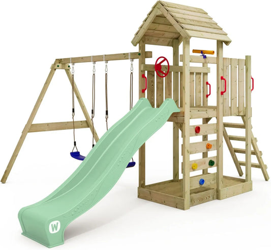 Aire de Jeux en Bois Wickey MultiFlyer avec Toboggan, Balançoire et Cabane pour Enfants - Jardin Extérieur