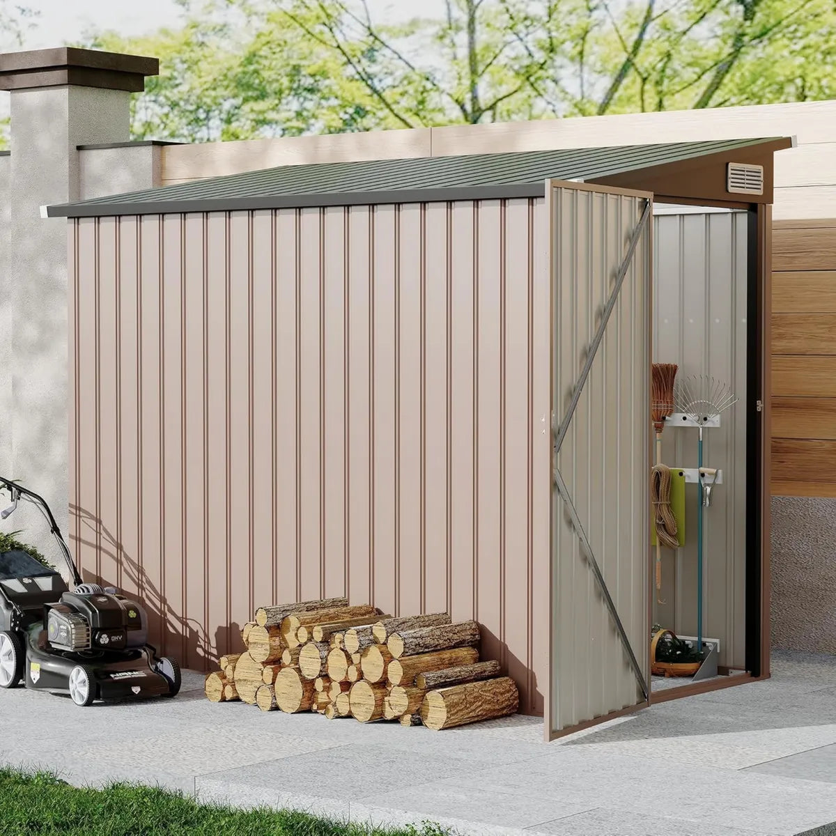 Abri de Jardin Métallique 1.2x2.4m Garvee, Remise Adossée Imperméable et Robuste pour Outils et Vélos