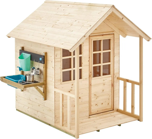 Cabane en Bois pour Enfants avec Cuisine Extérieure et Accessoires - Maison de Jeux avec Auvent et Fenêtres en Plexiglas - Pour 3 Ans et Plus