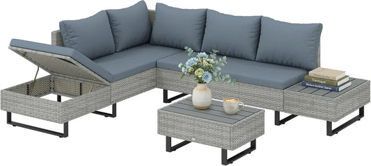 Ensemble Modulable de Salon de Jardin en Résine Tressée 5 Places avec Méridienne et Table Composite - Gris