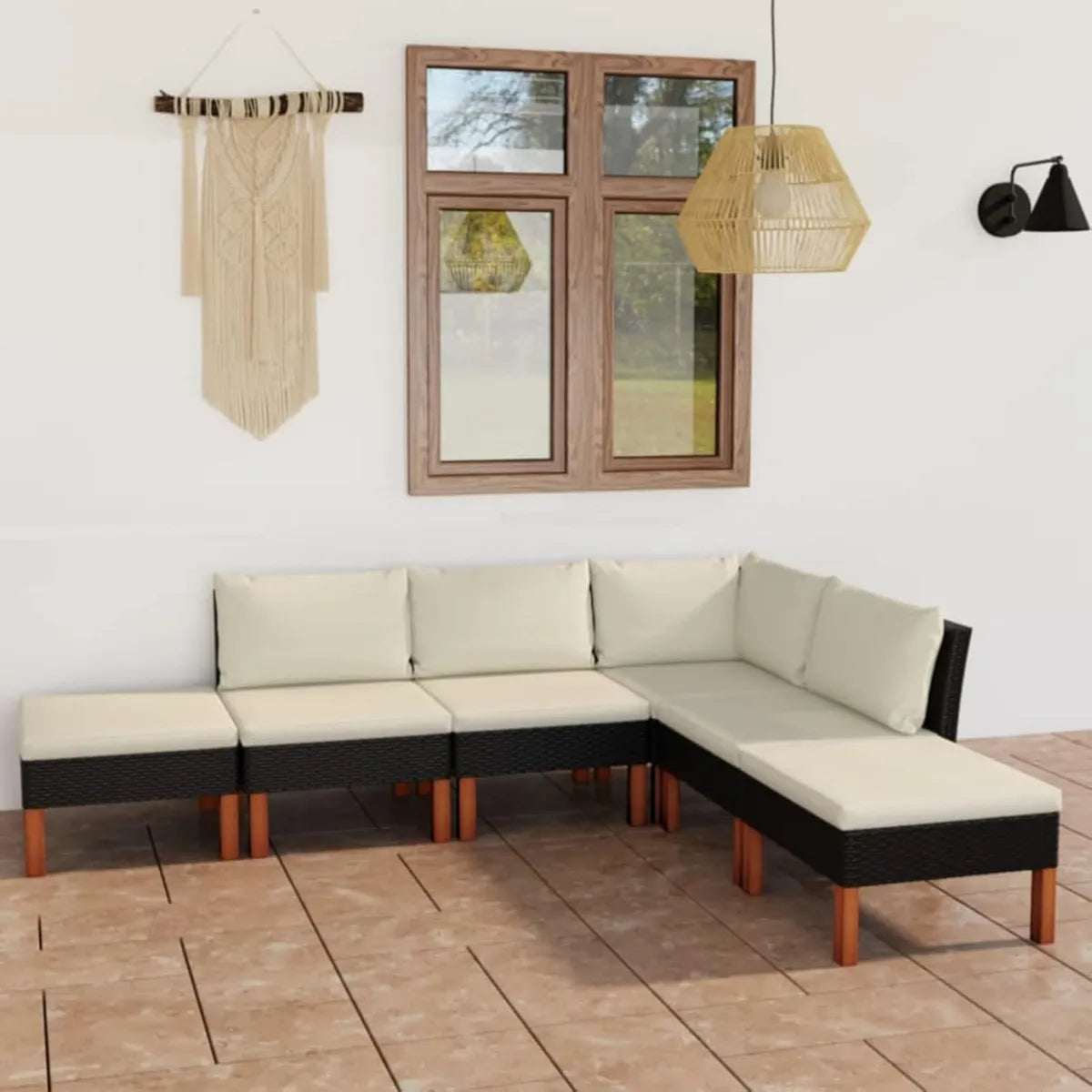 Ensemble de Jardin en Résine Tressée 6 Pièces avec Coussins Noirs